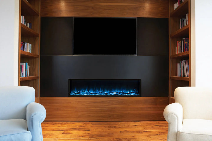 Modern Flames Landscape Pro Slim Electric Fireplace in sleek frameless design, featuring Hybrid-FX flame technology with RGB LED color range, whisper-quiet heat, and full Smart Home integration.