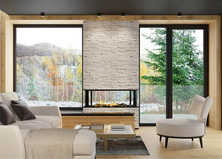Sierra Flame Lyon 48-inch natural gas fireplace features a sleek, four-sided see-through design with a full 360° view, double glass technology for clear viewing and safety touch glass, and is available in two heat settings: 32,500 BTU high and 21,000 BTU low.