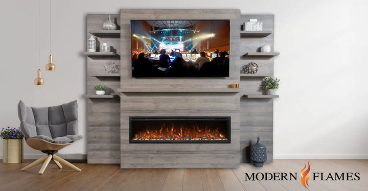 Allwood Media Wall Fireplace System For Spectrum Slimline 60" Electric Fireplace - Pre-finished wall system in Weathered Walnut, Coastal Sand, or Driftwood Gray, includes mantel, shelves, and power outlets for easy installation.