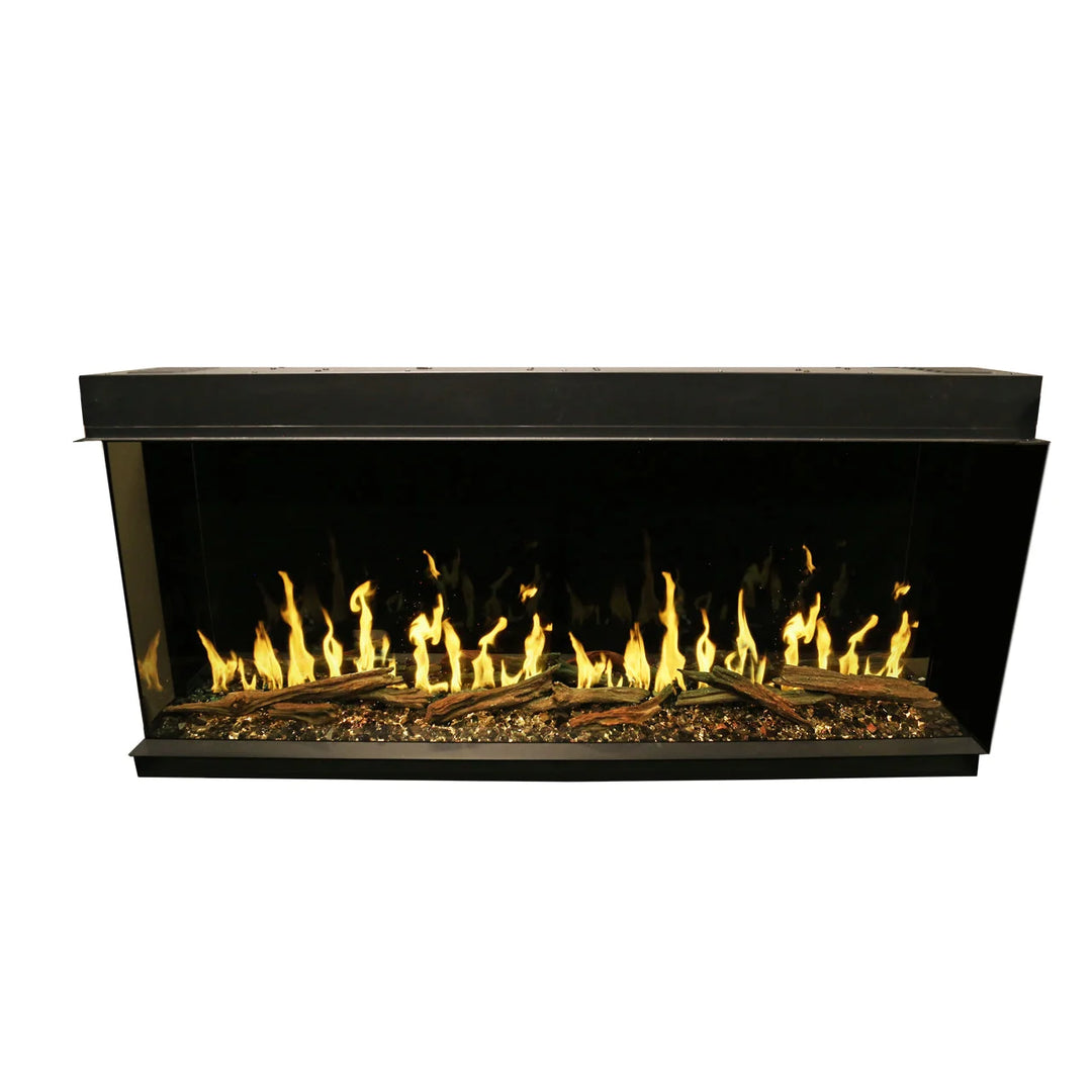 Modern Flames Orion Multi Electric Fireplace featuring realistic Heliovision flame technology, multi-color ember bed, and customizable lighting options.