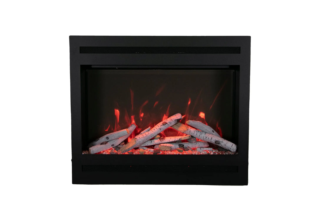 Amantii ZECL 3228 STL Electric Fireplace features sleek modern design with customizable flame colors and brightness settings, energy-efficient heating element, remote control, and smart home technology.