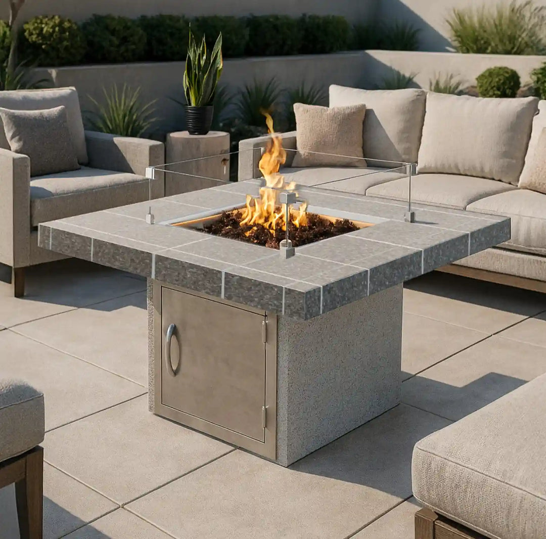 Cal Flame "Mesa" Fire Pit, premium porcelain tile top, clean lines, 90,000 BTU burner, electronic ignition, ANSI certified, versatile base options: Stucco, Cultured Stone, Natural Stone Tile.