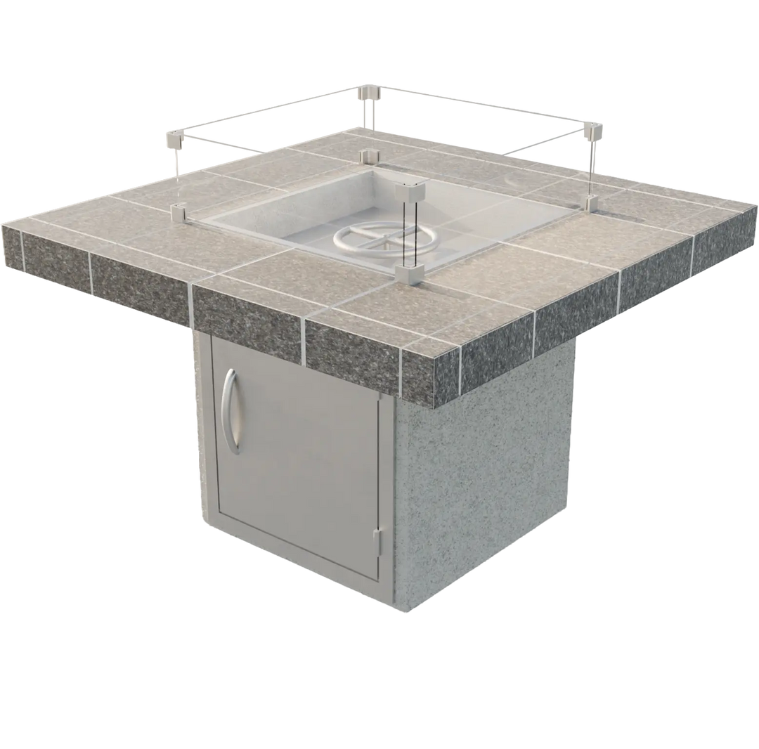 Cal Flame Mesa Fire Pit: sleek porcelain tile top, clean lines, and powerful 90,000 BTU round burner, perfect for modern outdoor gatherings.