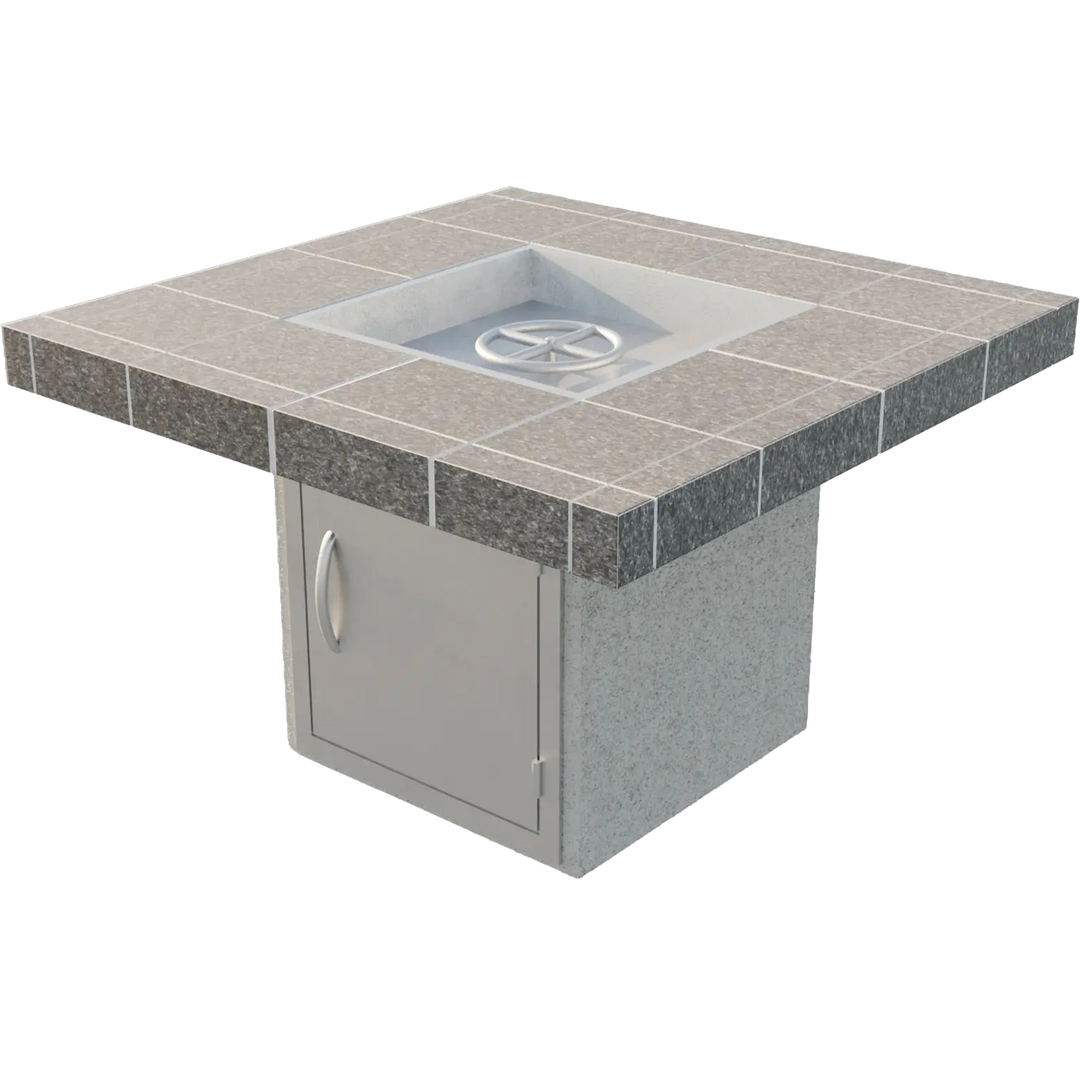 Cal Flame "Mesa" Fire Pit: A beautifully crafted porcelain tile top fire pit with clean lines, premium finishes, and a 90,000 BTU round burner for warm ambiance in outdoor spaces.