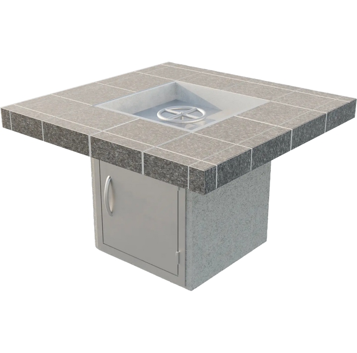 Cal Flame "Mesa" Fire Pit: A beautifully crafted porcelain tile top fire pit with clean lines, premium finishes, and a 90,000 BTU round burner for warm ambiance in outdoor spaces.