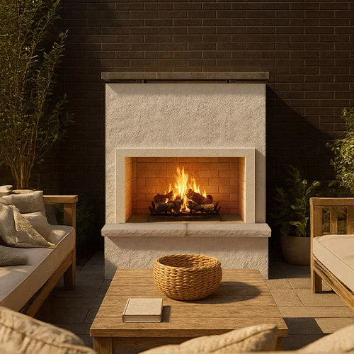 Cal Flame Monterey Outdoor Gas Fireplace w/ Front Mantel: Modern, outdoor fireplace featuring a spacious footprint (48" W x 41" D) with a clean design, available in Stucco, Cultured Stone, or Cal Faux Stone finishes.