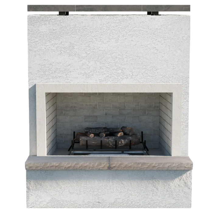 Cal Flame Monterey Outdoor Gas Fireplace w/ Front Mantel: A modern outdoor fireplace with clean design, available in Stucco, Cultured Stone, or Cal Faux Stone finishes, featuring an extended bottom mantel and 24" log set for a warm ambiance.