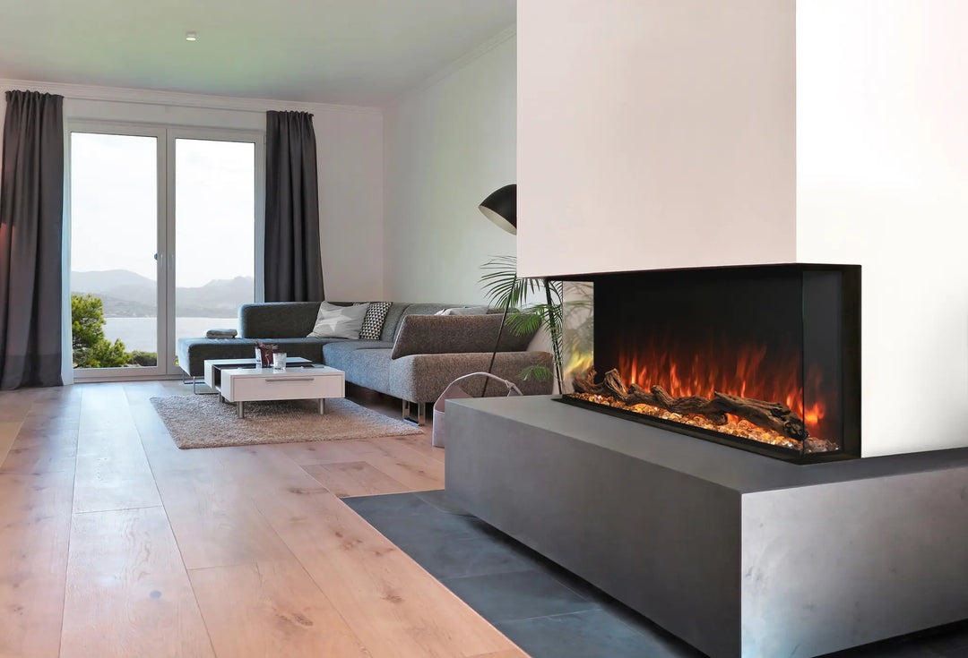 Modern Flames Landscape Pro Multi Electric Fireplace, sleek three-sided design with high-performance heating and customizable installation configurations for modern homes.