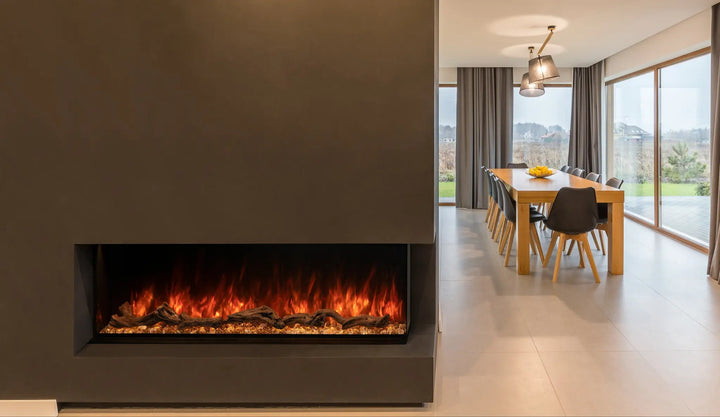 Modern Flames Landscape Pro Multi Electric Fireplace, sleek 3-sided design with hybrid-FX flame technology, customizable installation options for modern homes.