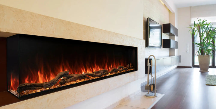 Modern Flames Landscape Pro Multi Electric Fireplace, sleek three-sided design with customizable installation options, advanced Hybrid-FX Flame Technology, and high-efficiency ceramic heating element for supplemental heat up to 10,000 BTUs in spaces up to 800 sq. ft.