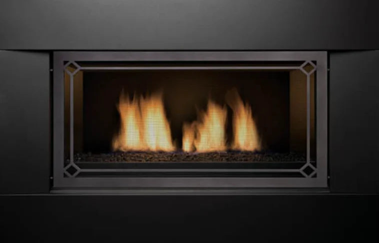 Sierra Flame Newcomb 36" Direct Vent Linear Fireplace - Modern direct vent linear gas fireplace with contemporary black porcelain panels, black reflective glass, and standard 3 piece rock set in sleek black surround.