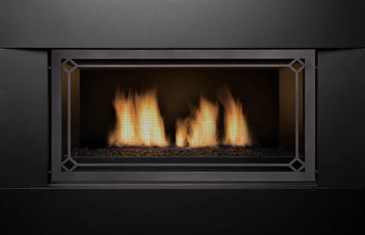 Sierra Flame Newcomb 36" Direct Vent Linear Fireplace - Modern direct vent linear gas fireplace with contemporary black porcelain panels, black reflective glass, and standard 3 piece rock set in sleek black surround.