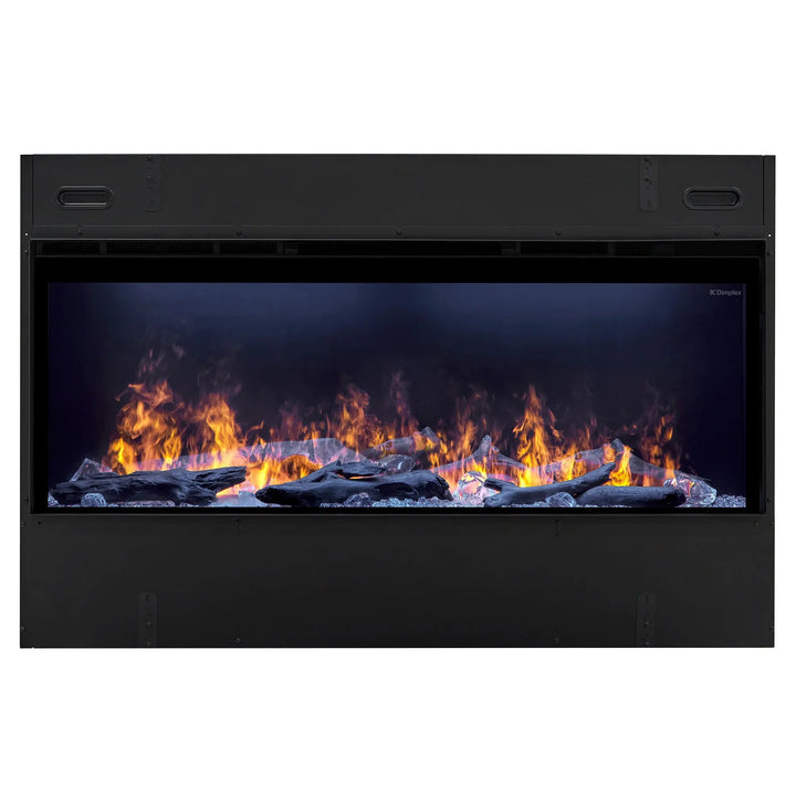 Dimplex Optimyst Linear Vapor Fireplace 46"-86" features patented vapor flame technology with hyper-realistic flames, multicolor effects, and adjustable crackling sounds for a multi-sensory ambiance.