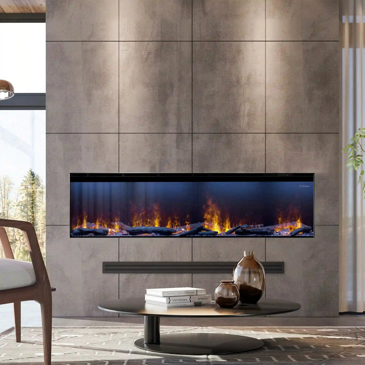Dimplex Optimyst Linear Vapor Fireplace 46"-86" - Patented vapor flame technology produces hyper-realistic flames in multicolor effects, with adjustable crackling sounds and Wi-Fi control for a luxurious ambiance.