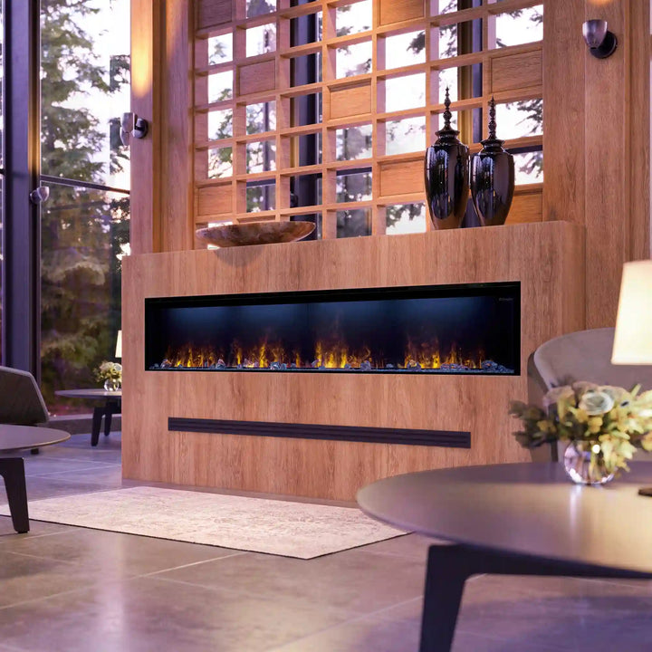 Dimplex Optimyst Linear Vapor Fireplace 46"-86", high-end modern fireplace with patented vapor flame technology, water-based flames, multicolor effects, wi-fi control, and sleek design for zero-clearance installation.