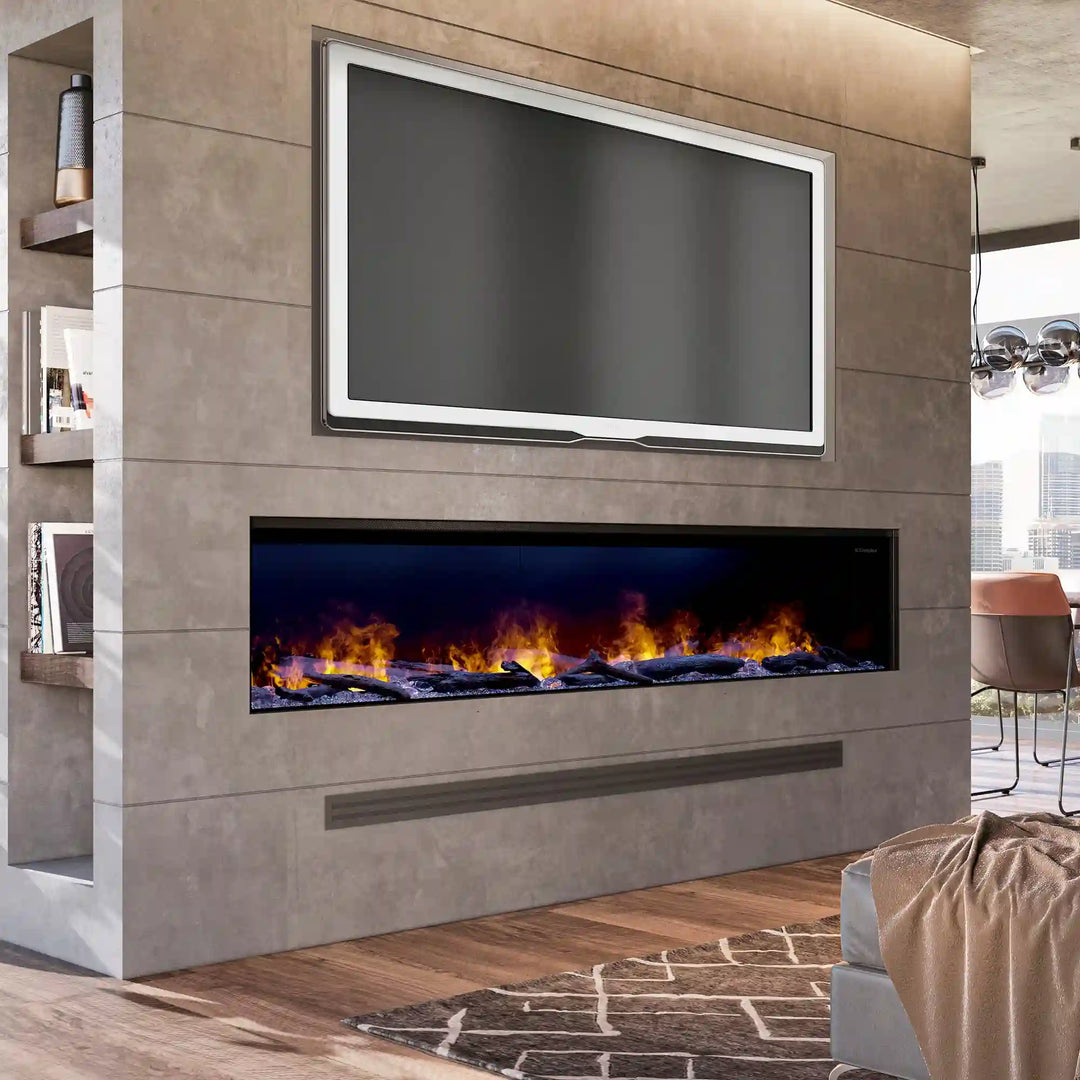 Dimplex Optimyst Linear Vapor Fireplace, 46"-86" - Modern, zero-clearance design with patented vapor flame technology, multicolor flames, and adjustable crackling sounds for immersive ambiance.