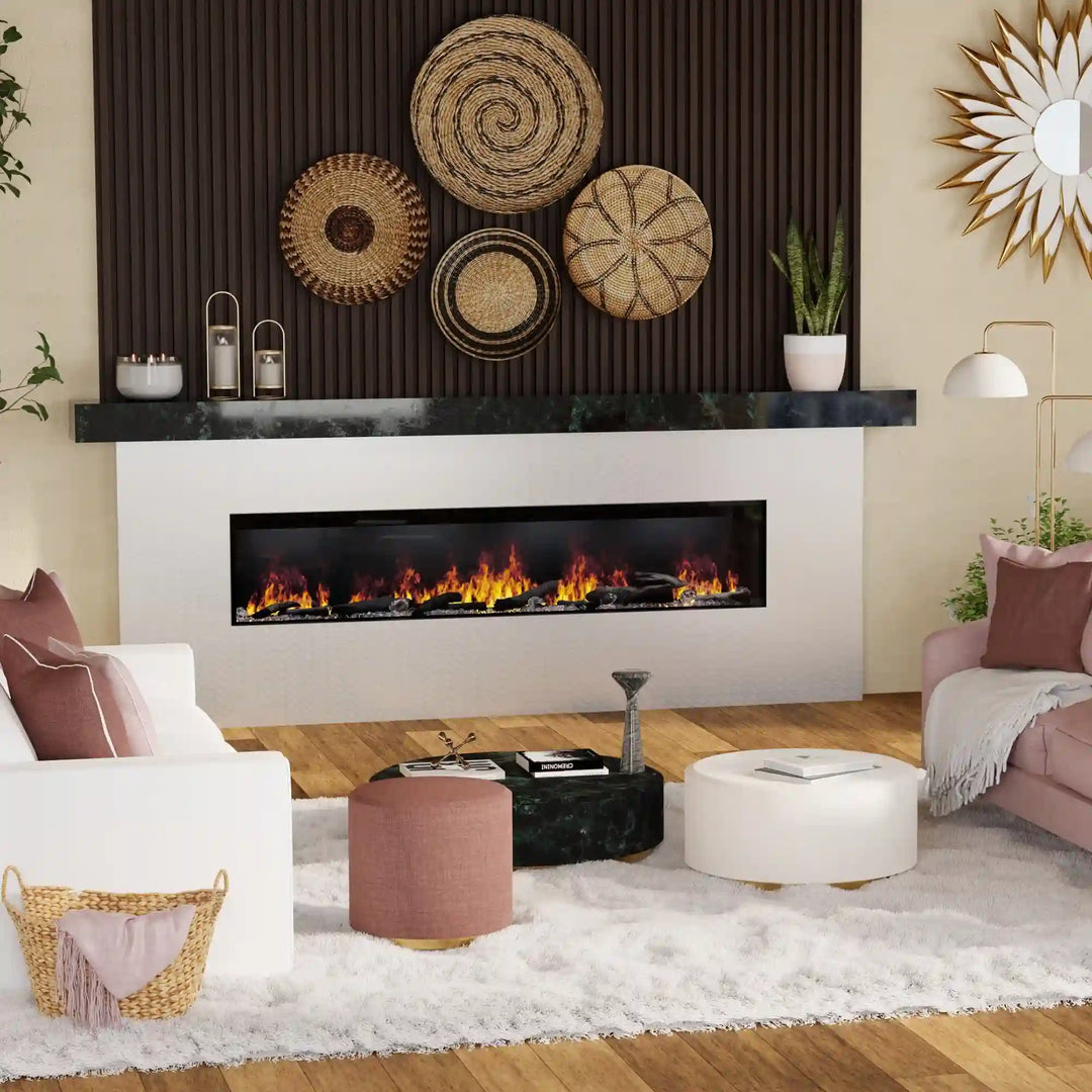 Dimplex Optimyst Linear Vapor Fireplace, 46"-86" electric fireplace with patented vapor flame technology, multicolor effects, wi-fi control, and included Acrylic Ice and Driftwood media kits for versatile ambiance.