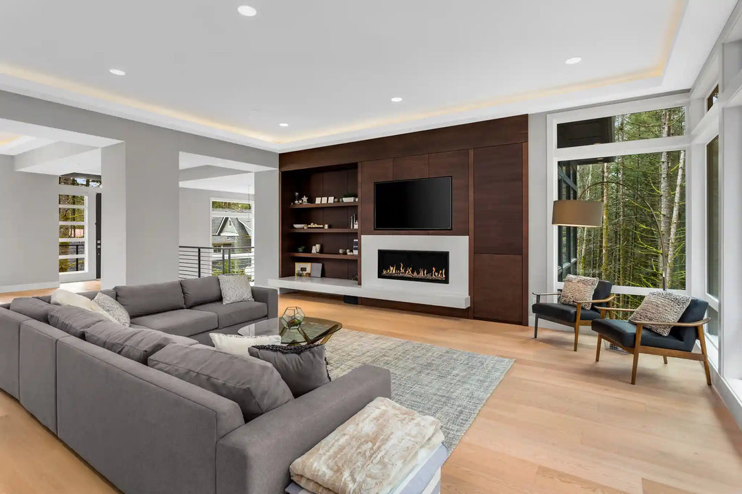Modern Flames Orion Slim Electric Fireplace (52"-100") - sleek, slide-in or wall-mounted installation featuring advanced Heliovision Flame Technology with randomized, multi-dimensional flames in 3 patterns and 6 colors, accompanied by ambient crackling sounds and customizable ember bed and downlighting.