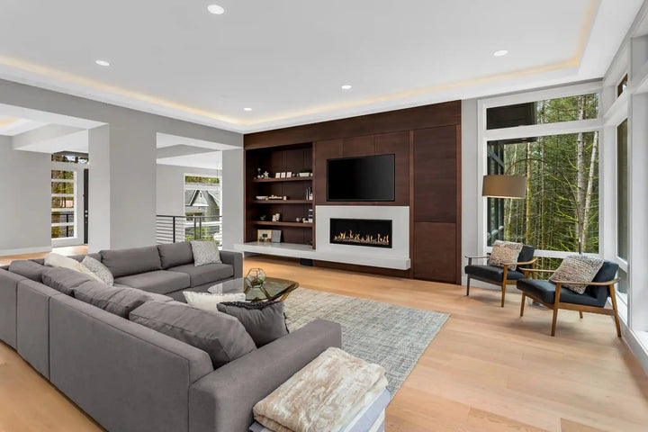 Modern Flames Orion Slim Electric Fireplace (52"-100") - sleek, slide-in or wall-mounted installation featuring advanced Heliovision Flame Technology with randomized, multi-dimensional flames in 3 patterns and 6 colors, accompanied by ambient crackling sounds and customizable ember bed and downlighting.
