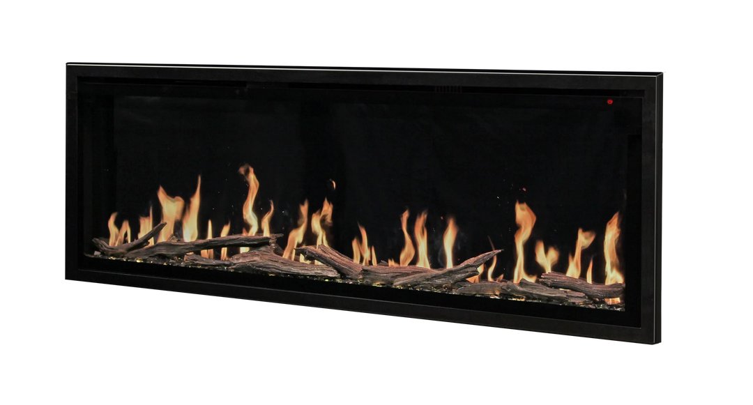 Modern Flames Orion Slim Electric Fireplace with lifelike flames, adjustable heat, and ambient sounds in four sizes: 52", 60", 76", and 100" widths.
