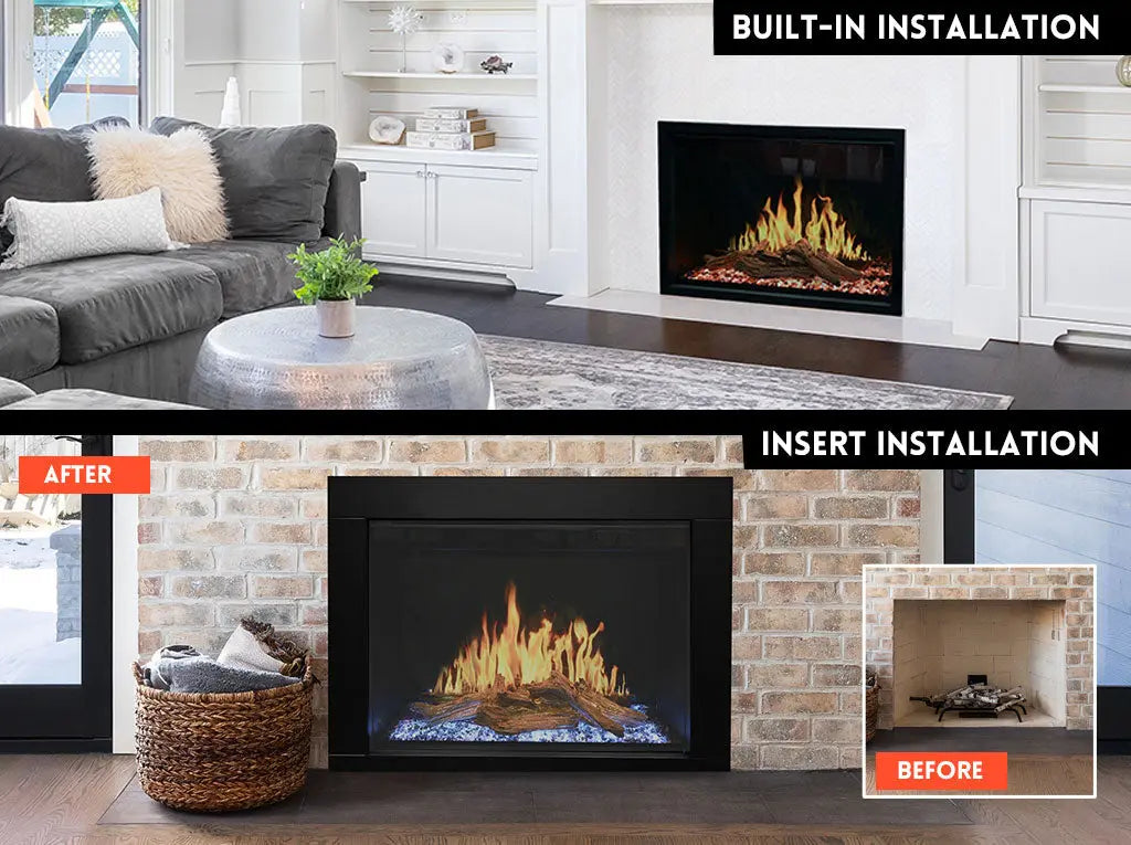 Modern Flames Orion Traditional Electric Fireplace in 26"-52" widths features HELIOVISION Flame Technology with realistic multi-dimensional flames, adjustable ember lighting, and immersive ambiance.