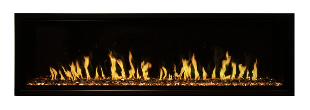 Modern Flames Orion Slim Electric Fireplace, featuring lifelike Heliovision Flame Technology with three flame patterns, six colors, and 18 color combinations, including Reflective Black Glass media and Western Driftwood logs, suitable for spaces with limited wall clearance.
