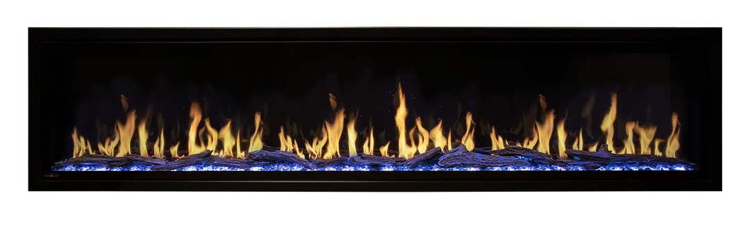 Modern Flames Orion Slim Electric Fireplace 52"-100" features realistic multi-dimensional flames with adjustable speed and intensity, available in four sizes with Reflective Black Glass media and Western Driftwood logs for a lifelike ambiance.