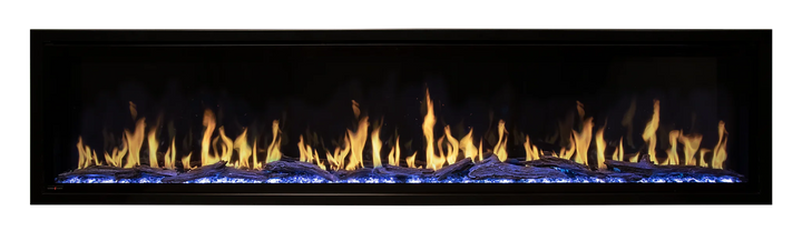 Modern Flames Orion Slim Electric Fireplace 52"-100" features realistic multi-dimensional flames with adjustable speed and intensity, available in four sizes with Reflective Black Glass media and Western Driftwood logs for a lifelike ambiance.