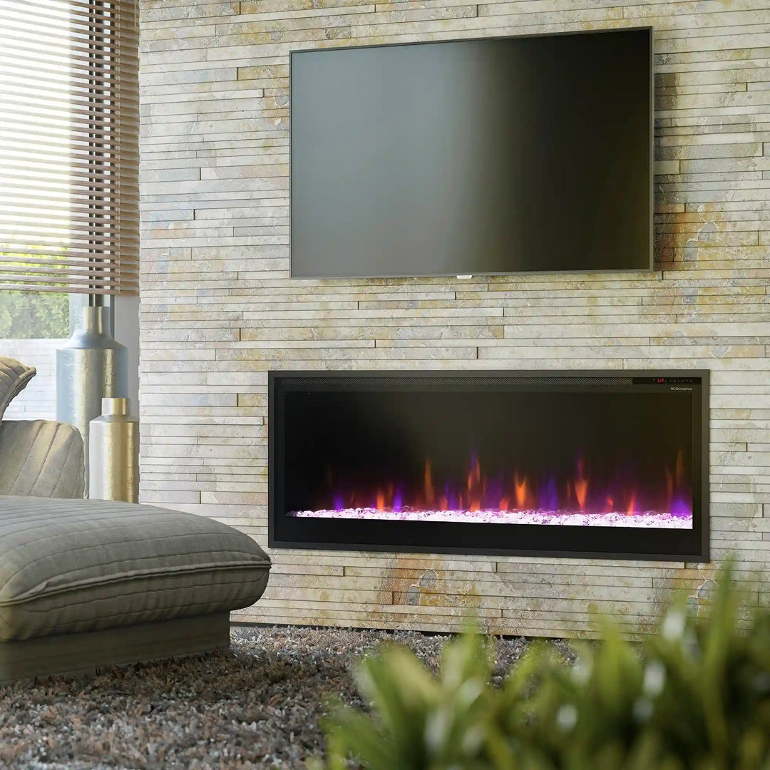 Dimplex Multi-Fire SL Slim Linear Electric Fireplace in modern design, featuring ultra-slim depth and vivid flames enhanced by patented mirror technology.