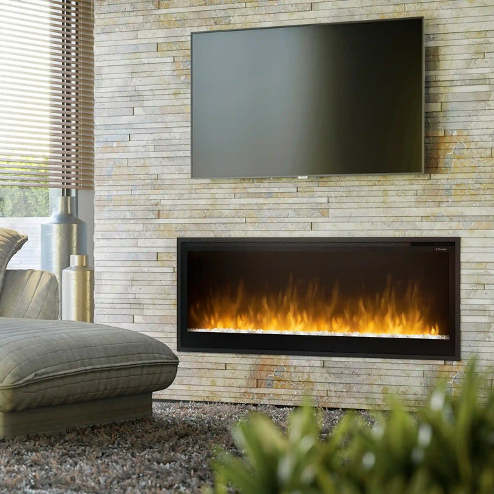 Dimplex Multi-Fire SL Slim Linear Electric Fireplace in sleek, modern design with less than 4" depth, featuring vibrant flames and customizable media options for year-round ambiance and comfort.