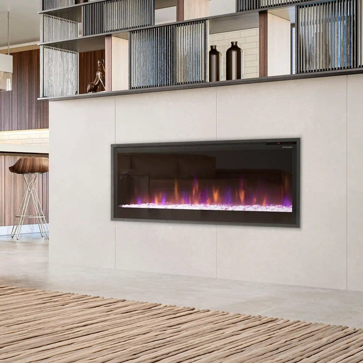 Dimplex Multi-Fire SL Slim Linear Electric Fireplace in sleek modern design with ultra-slim profile, vibrant flames enhanced by mirror technology, customizable flame & media themes, and powerful heat output for year-round ambiance and comfort.