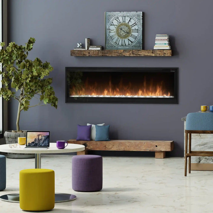 Dimplex Multi-Fire SL Slim Linear Electric Fireplace with sleek modern design, ultra-slim profile at less than 4 inches deep, featuring tall vivid flames enhanced by patented mirror technology and multiple flame and media themes for customizable ambiance and comfort.