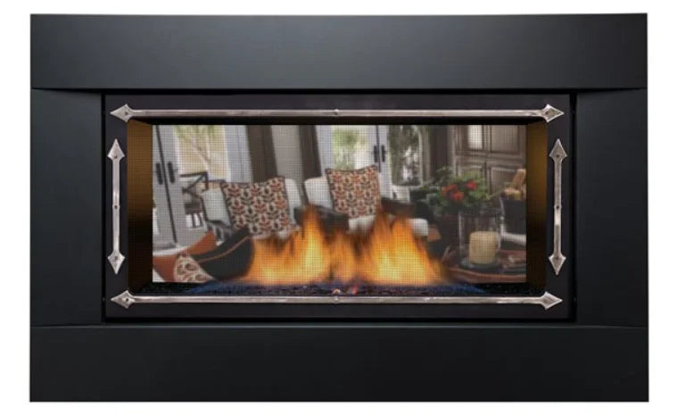 Sierra Flame Palisade 36" Direct Vent Linear Gas Fireplace featuring a sleek curved design, black porcelain panels, and tempered glass viewing area with 20,000 BTU electronic ignition.