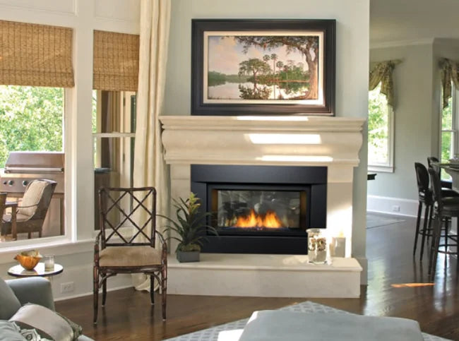 Sierra Flame Palisade 36" See-through Direct Vent Linear Fireplace: A sleek, contemporary gas fireplace with curved front face design, featuring 15" x 32-1/2" glass viewing area, black porcelain panels, and electronic ignition.
