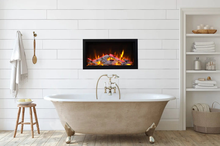 Amantii Panorama BI Deep XT Smart Electric Fireplace - Indoor or Outdoor Built-in electric fireplace with extra tall viewing area, 18" in height, featuring vibrant multi-colored state-of-the-art flame presentation and customizable media tray options.