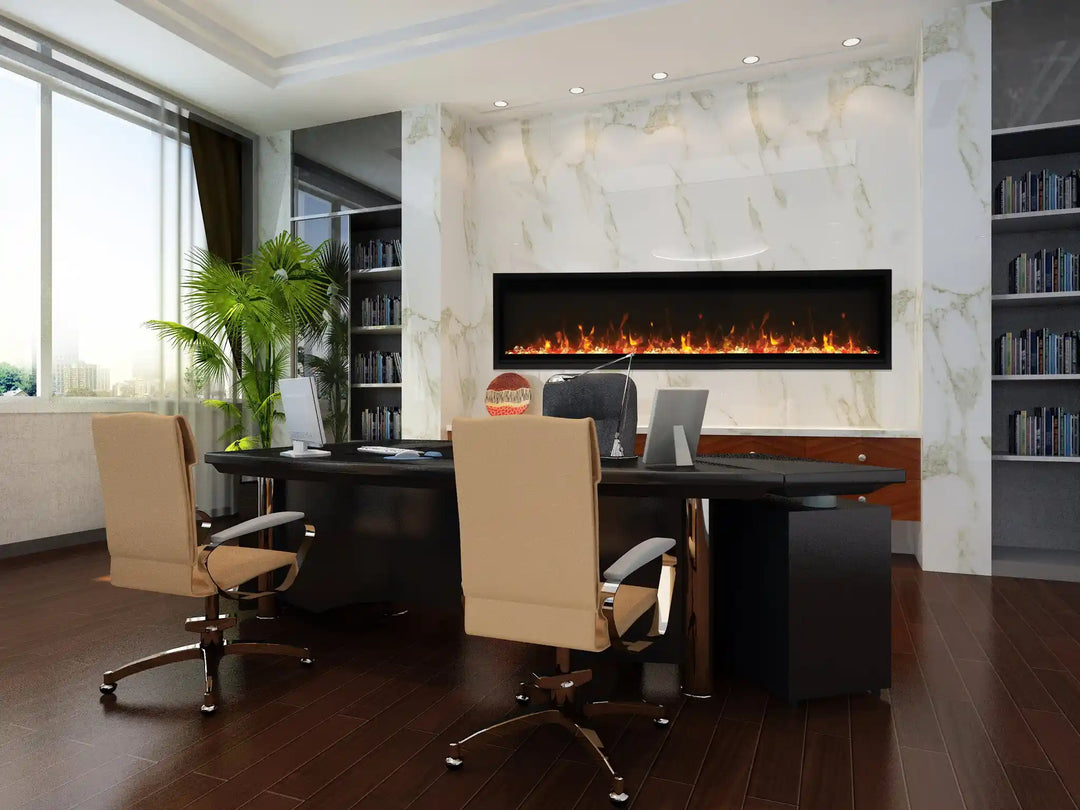 Amantii Panorama BI Slim Smart Electric Fireplace - sleek, ultra-thin 4" design in black steel surround, ideal for indoor or outdoor installation.