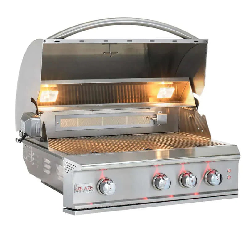 Blaze Professional LUX 2-Burner Built-In Grill featuring 304 cast stainless steel burners, delivering 18,000 BTUs each, with infrared rotisserie burner and heavy-duty 12mm hexagonal cooking rods for exceptional searing performance.