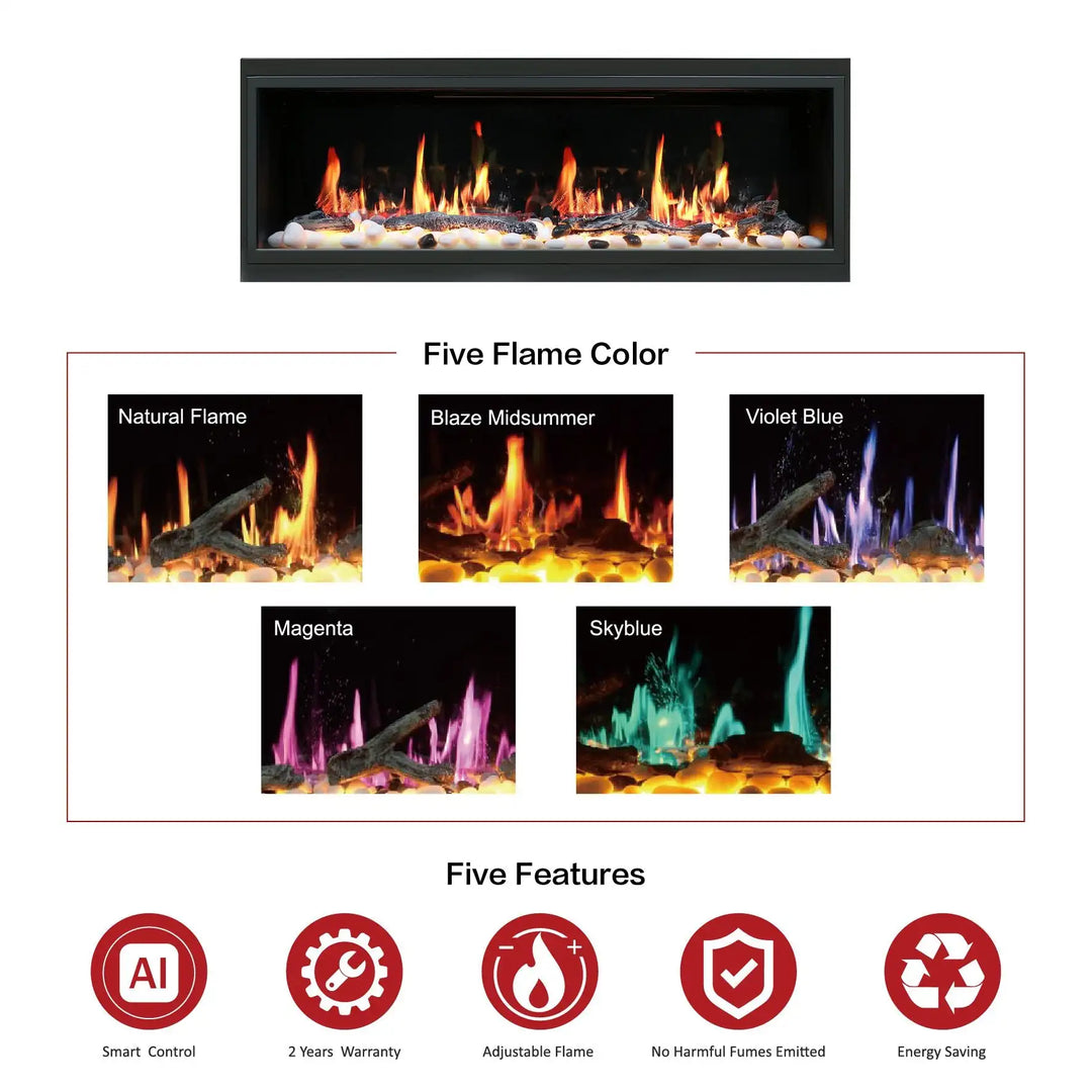 Litedeer Latitude 45-75" Ultra Linear Electric Fireplace with Smart App features a slim trim frame, WiFi enabled control, and smart app support for realistic real flame and adjustable crackling fire sounds.