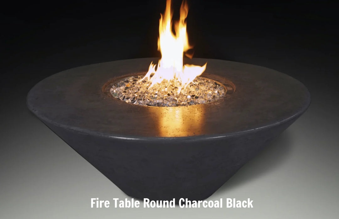 Grand Canyon Olympus Round Fire Table - Modern glass fiber reinforced concrete design with generous tabletop space and radiant warmth for outdoor living spaces.