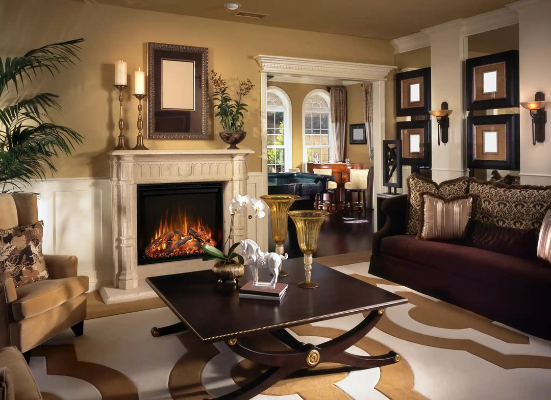 Modern Flames Redstone Series Electric Fireplace 26"-54", sleek contemporary design with Hybrid-FX flame technology, customizable multi-color lighting, and 5,000 BTU heating capacity for luxurious ambiance and practical zone heating.