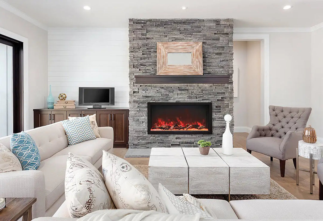 Remii Extra Tall Electric Fireplace features vibrant, multi-colored flames presented by three-color LED light strips, adjustable via remote control for indoor or outdoor use.