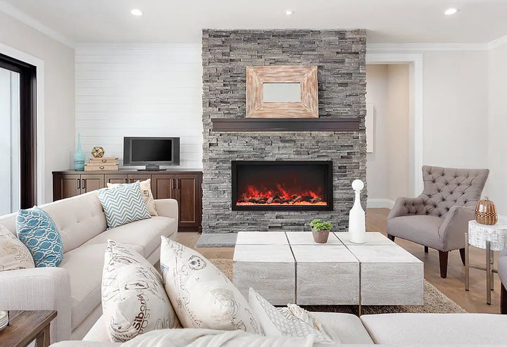 Remii Extra Tall Electric Fireplace features vibrant, multi-colored flames presented by three-color LED light strips, adjustable via remote control for indoor or outdoor use.
