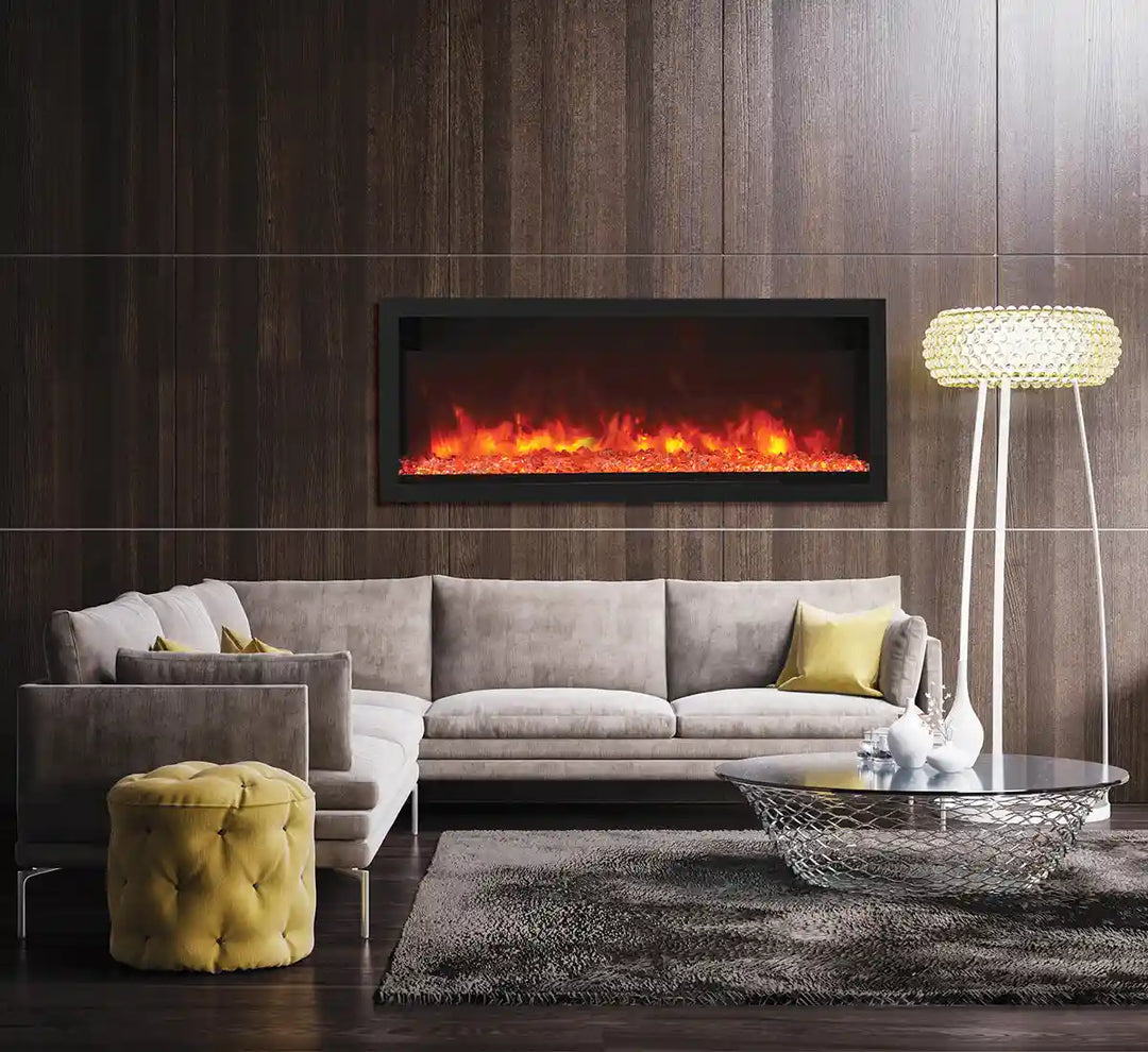 Remii Extra Tall Electric Fireplace with vibrant, multi-colored LED flame presentation, black steel surround, and remote control for customizable ambiance.