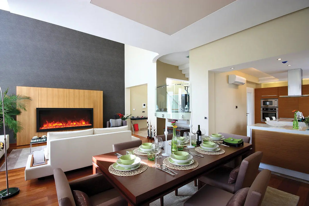 Remii Extra Tall Electric Fireplace features vibrant, multi-colored flames with remote control options in red, yellow, or orange hues, plus ambient canopy lighting in 13 colors.