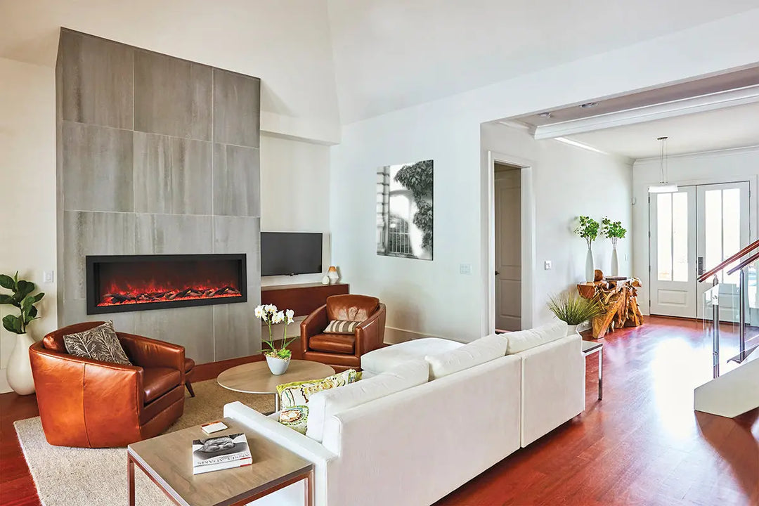 Remii DEEP Electric Fireplace with 12-inch depth and black steel surround, features vibrant multi-colored flame presentation, ambient canopy lighting in 13 colors, and 5000 BTU heat output.