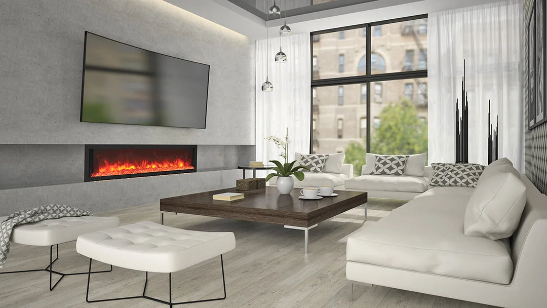 Remii DEEP Electric Fireplace with black steel surround, vibrant multi-colored flame presentation, ambient canopy lighting in 13 colors, 2-stage heater, hardwire ready thermostat.