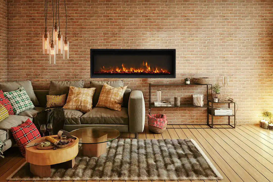 Remii Extra Slim Electric Fireplace with black steel surround and vibrant, multi-colored flame presentation, featuring three-color LED light strips for customizable red, yellow, or orange flames.