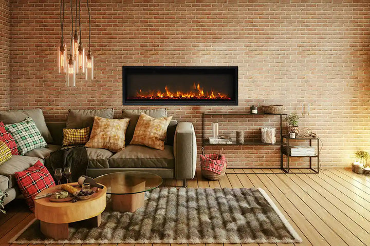 Remii Extra Slim Electric Fireplace with black steel surround and vibrant, multi-colored flame presentation, featuring three-color LED light strips for customizable red, yellow, or orange flames.
