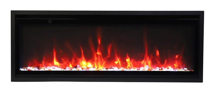 Remii Extra Slim Electric Fireplace features vibrant, multi-colored flame presentation with 3-color LED light strips, remote control, and black steel surround.