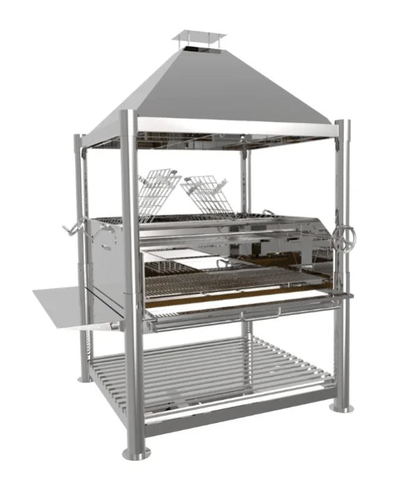Tagwood The Silver Bullet XL Santa Maria Style Grill - Stainless Steel: massive stainless steel grill with dual clamp grills, 3,200 sq in total cooking space, and professional-grade performance for large-scale entertaining.